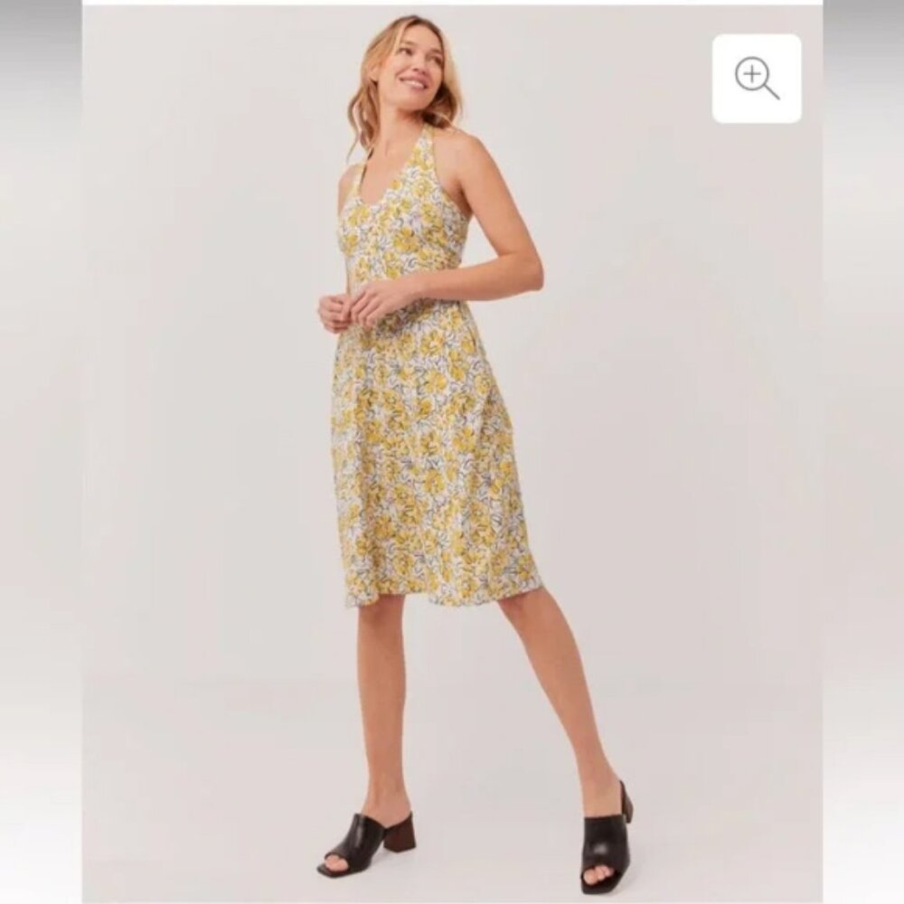 Pact Organic Floral Yellow Fit & Flare Halter Dress | L